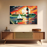 Sailboat and Lighthouse | WPAP Art Style Painting Print | Framed Canvas Print | Colorful Minimalist Art | Nautical Art | Pop Art