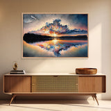 Sunset Reflection over a Lake, framed canvas print, framed wall art, colorful decor, above couch art