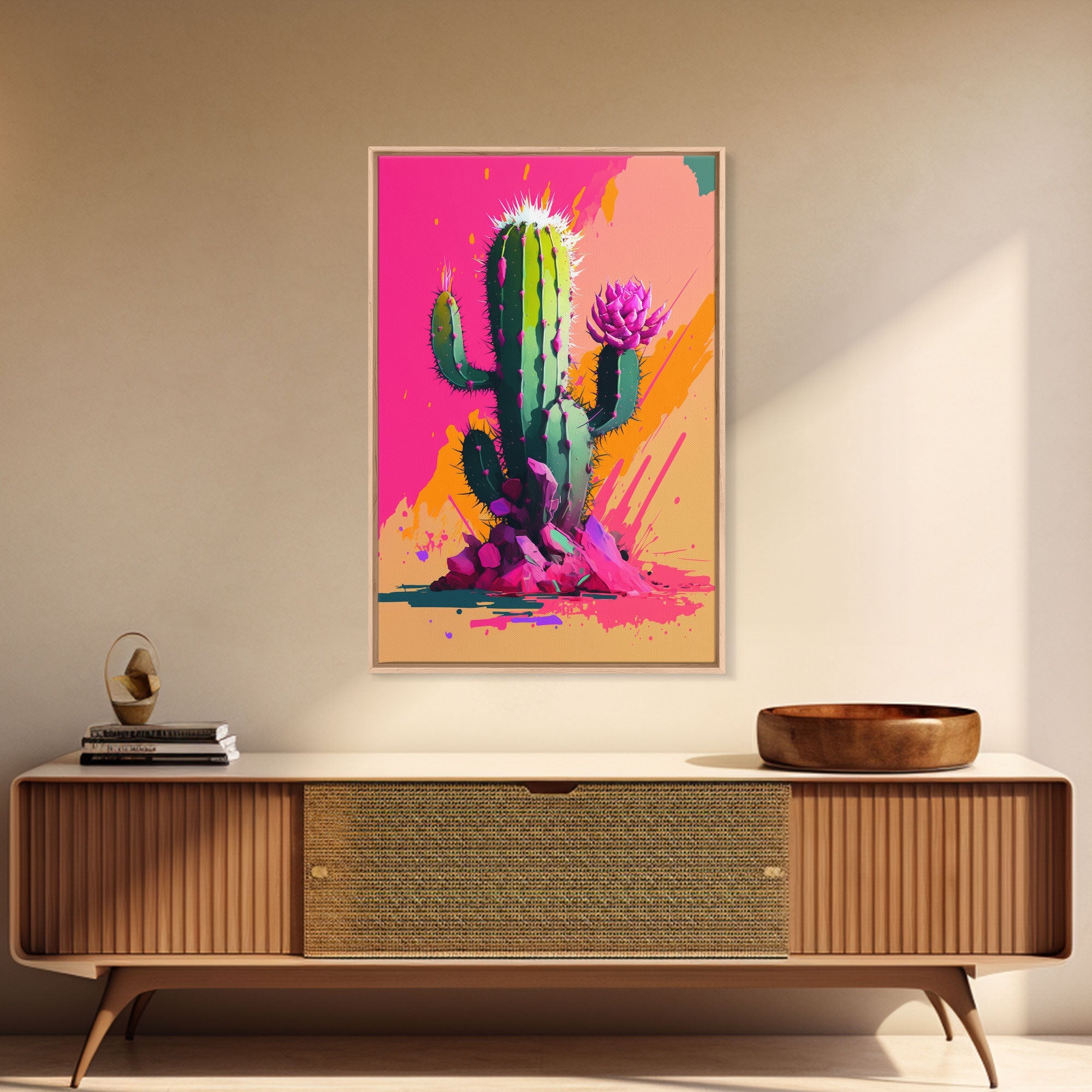 Pop Art Mexico Cactus Art, Synthwave Pink Art, Framed Canvas Print