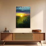 Sunset Over A Texas Field, Watercolor, Framed Canvas Print, Living Room Guest Room Art, Wall Decoration
