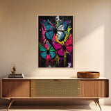 Graffiti Butterfly Art, Framed Canvas Print, Large Wall Art, Contemporary Punk Art, Butterflies, Pop Art, Paint Splatter Art