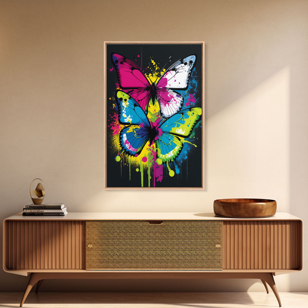 Graffiti Butterfly Art, Framed Canvas Print, Large Wall Art, Contemporary Punk Art, Butterflies, Pop Art, Paint Splatter Art