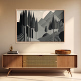 Art Deco Style Greyscale Landscape, Monochromatic Drab and Dreary art, framed canvas print, large format art
