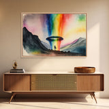 The Abduction, Rainbow UFO Art, Watercolor, Framed Canvas Print, Science Fiction Wall Decor
