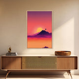 Outrun Style Desert Sunset, Framed Canvas Print, Retro Style 80s Vibe Wall Decor, Office Art, Game Room Decor, Living Room Gamer Art