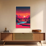 Retro Synthwave Desert Landscape Art, Framed Canvas Print, Unique Sunset Art, Living Room Wall Decor, Framed Art