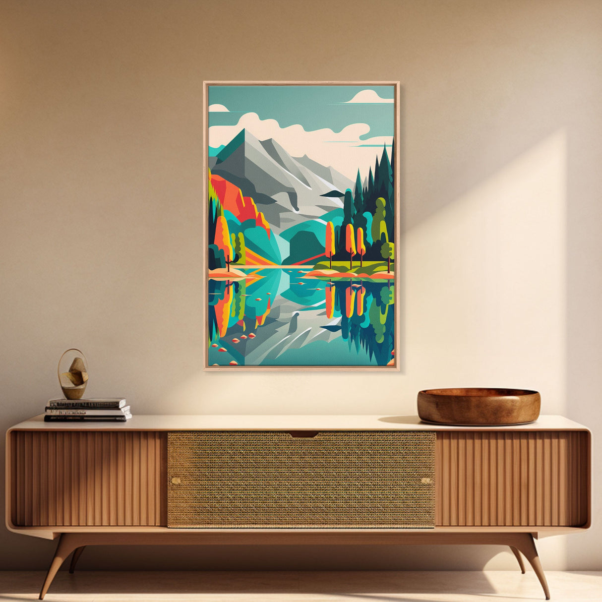 Retro Midcentury Style Wall Art, Framed Canvas Print, Colorful Wall Art, Mountain Landscape, Office Decor, Low Res Art