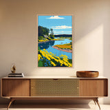 Colorful Pop Art Picture of a Stream, Framed Canvas Print, Surrealist High Contrast Cel Shaded Landscape Art