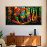 The Sacred Grove, Fantasy Art, Pop Art Forest Landscape, Framed Canvas Print, Colorful Forest Painting, Living Room Art
