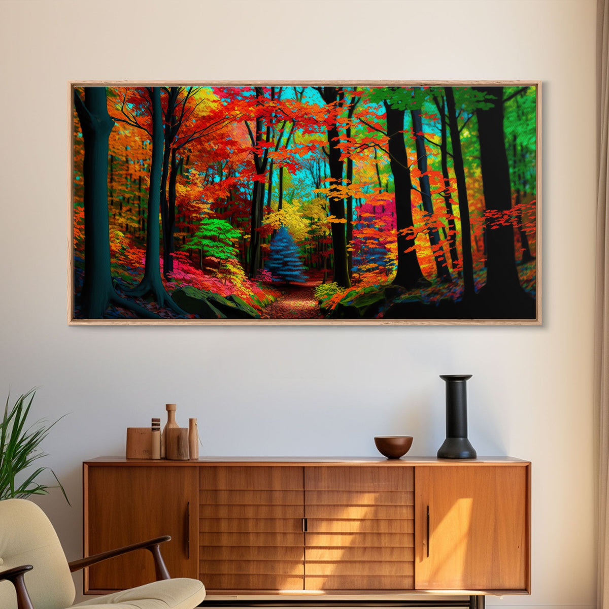 The Sacred Grove, Fantasy Art, Pop Art Forest Landscape, Framed Canvas Print, Colorful Forest Painting, Living Room Art