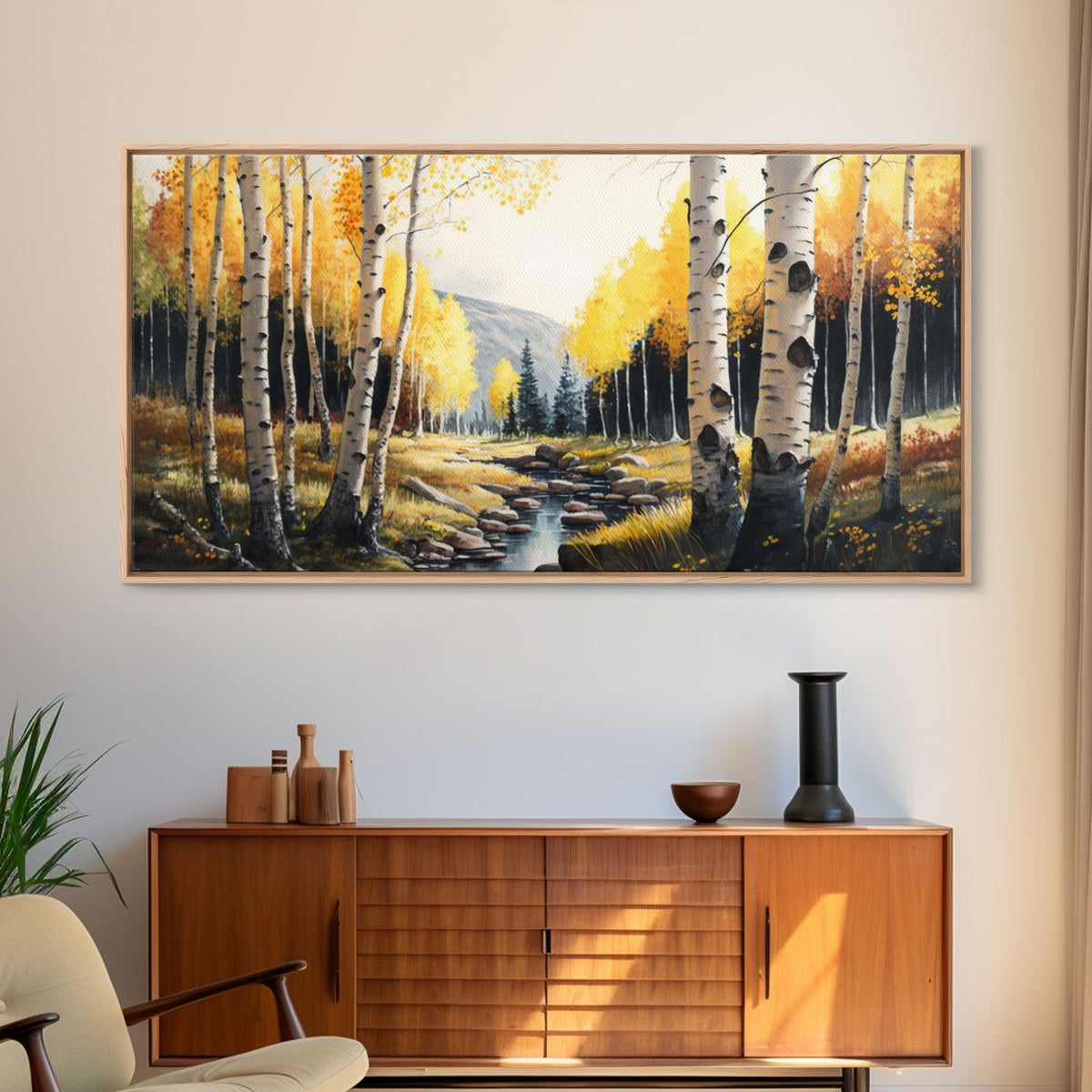 Birch Tree Wall Art, Nursery Forest, Framed Forest Canvas Print, Birch Trees, Watercolor, Landscape Forest Art