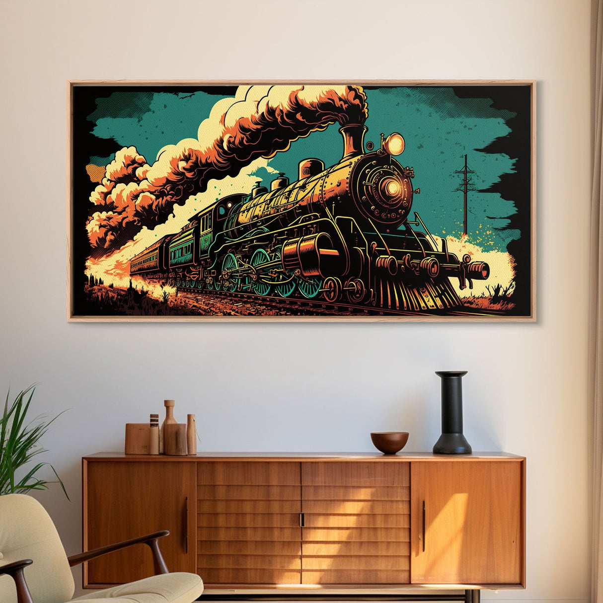 Pop Art Steam Train, Framed Canvas Print, Cool Wild West Decor, Western Art, Framed Colorful Pop Art