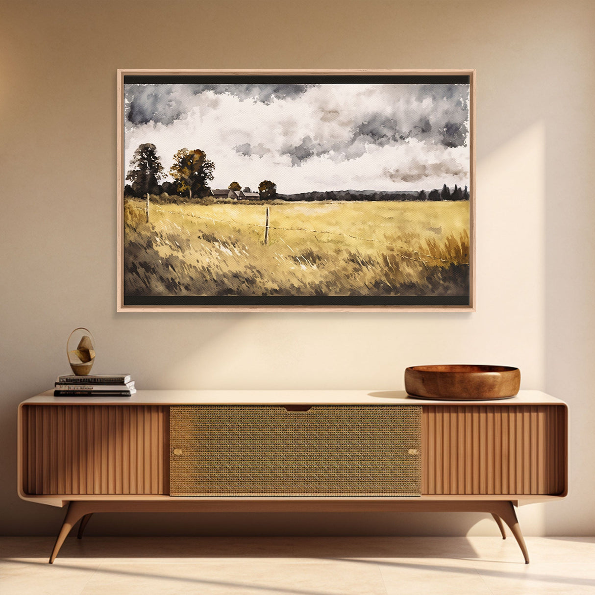 Early American Style Landscape Art | Primitive Farmhouse Decor | Framed Canvas Print | Wall Art | Wall Decor | Office Art | Muted Art