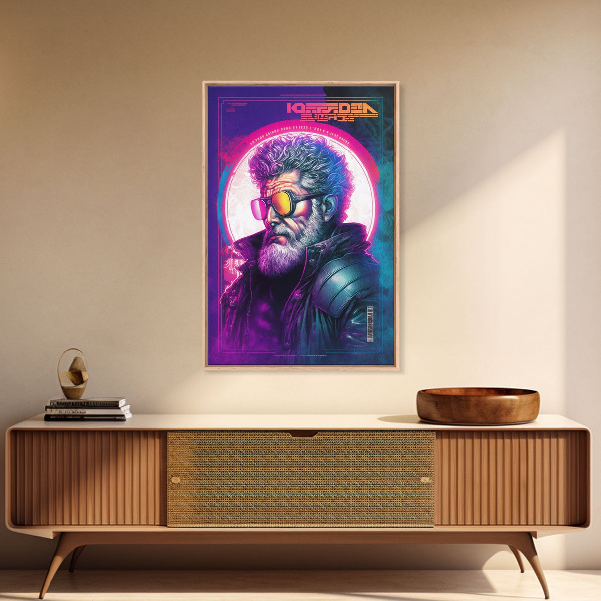 Grunge / Cyberpunk Synthwave Odin Movie Poster Art, Norse Mythology, Wall Art, Framed Canvas Print, Futuristic Portrait of Odin