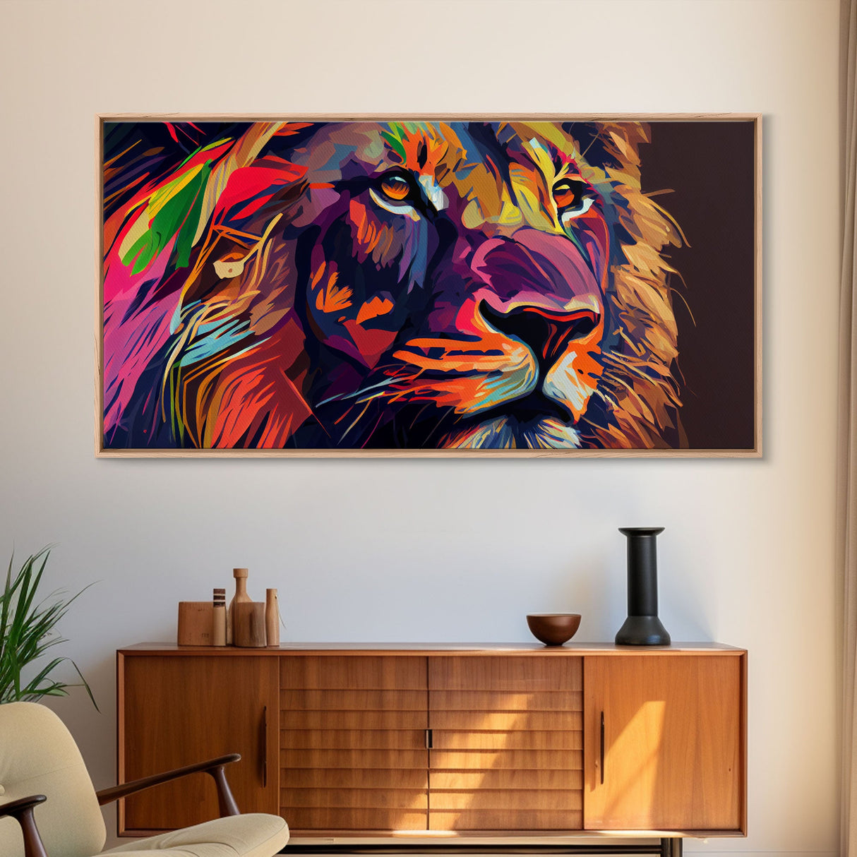 Pop Art Lion Framed Canvas Print Wall Art , Natural And Vivid Wall Decor , Modern Wall Art, Extra Large Wall Art, Lion Watercolor Painting