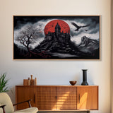 Horror Art, Haunted Castle and Blood Moon, Framed Canvas Print, Goth Art, Gothic Decor, Cool Wall Art