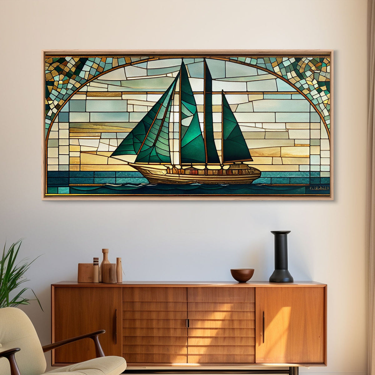Emerald Green and Gold Art Deco Sail Boat, Framed Canvas Print, Retro MCM Style Wall Art, Midcentury Modern, Stained Glass, Huge Art