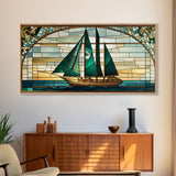Emerald Green and Gold Art Deco Sail Boat, Framed Canvas Print, Retro MCM Style Wall Art, Midcentury Modern, Stained Glass, Huge Art