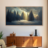 Snowy Forest Canvas Print, Scenic nature landscape, winter art, sunlight shining through the trees, Framed Wall Art