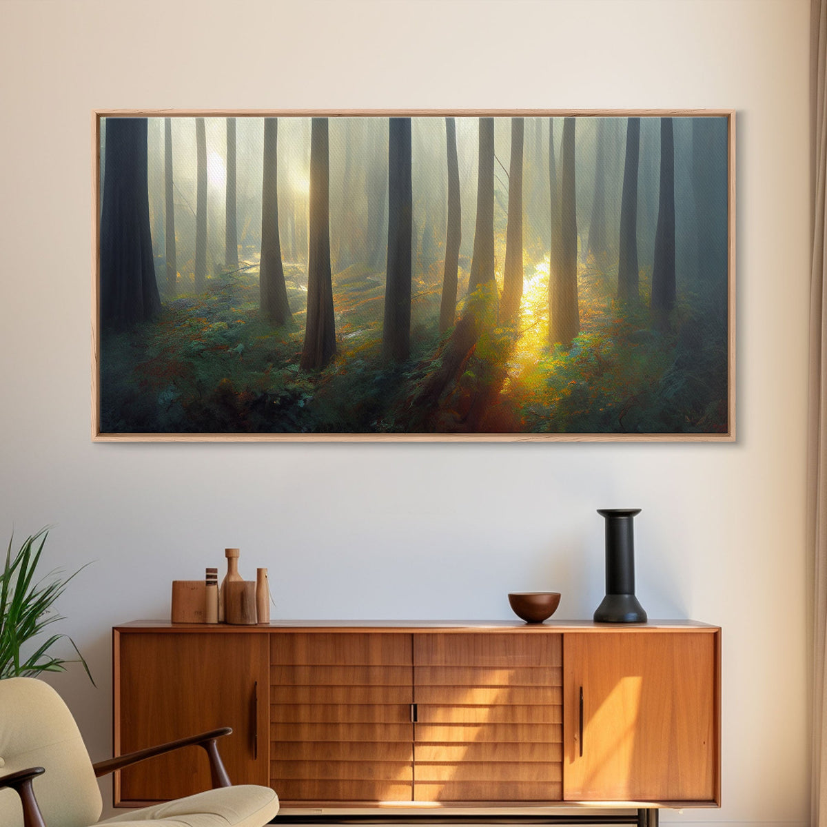 Canvas print of a forest floor at golden hour, watercolor painting print, cool living room or guest room wall art
