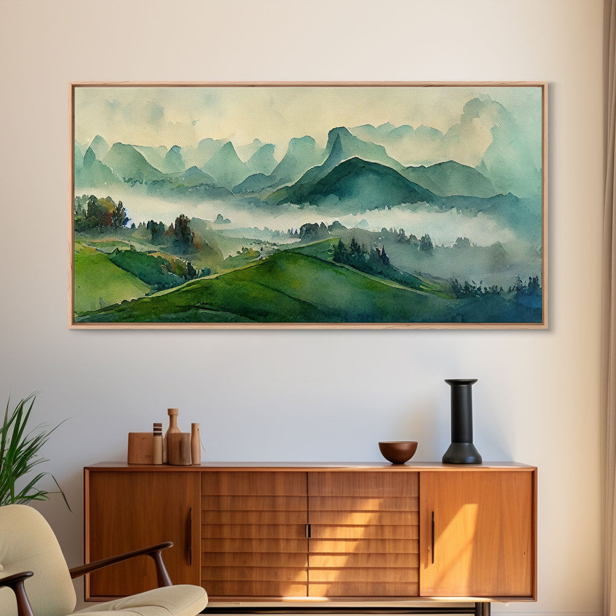 Green Blue Foggy Mountain Valley Watercolor Canvas Art Print, Panoramic Misty Rolling Hills Landscape, Extra Large Panorama Print