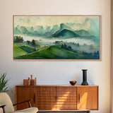 Green Blue Foggy Mountain Valley Watercolor Canvas Art Print, Panoramic Misty Rolling Hills Landscape, Extra Large Panorama Print