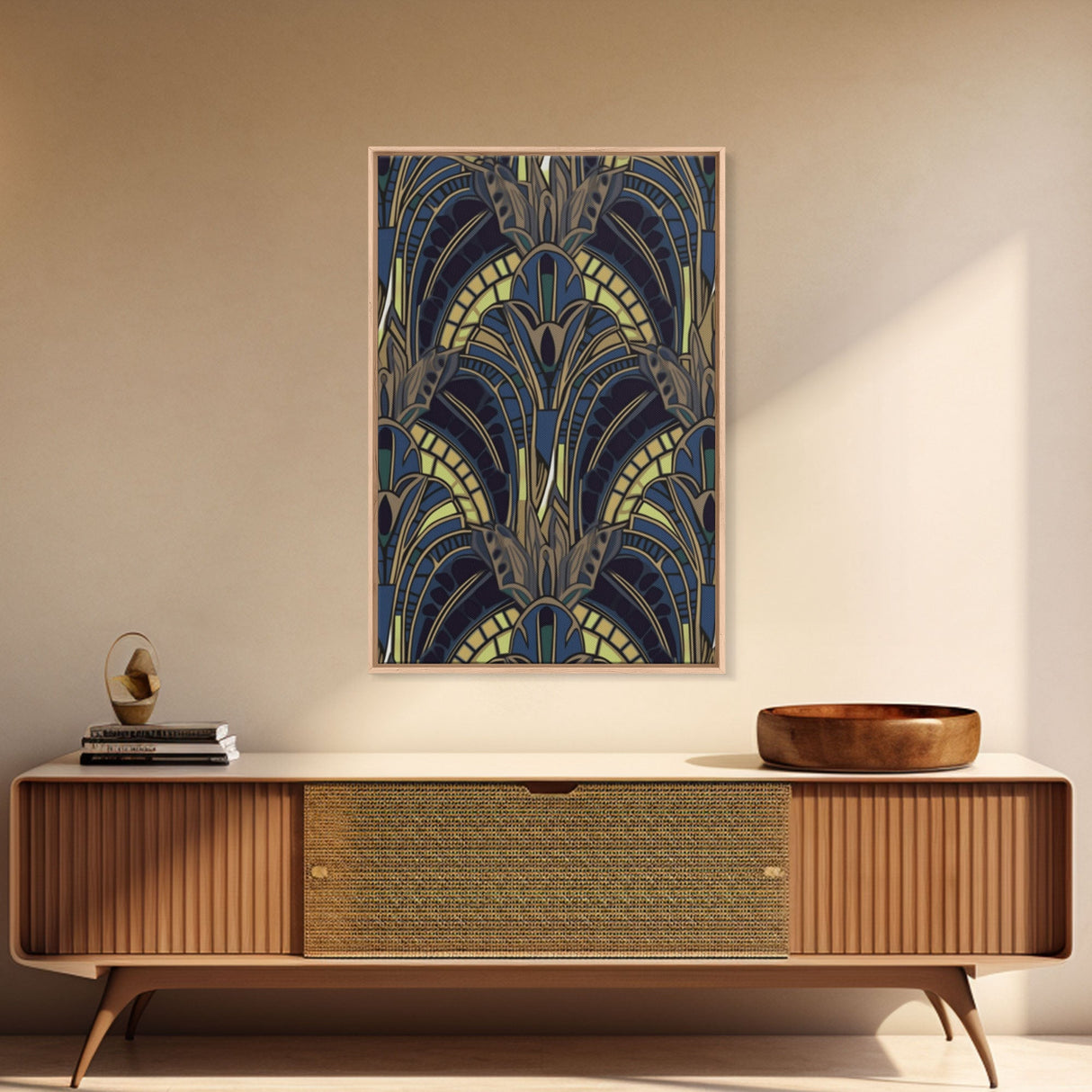 Midcentury Modern Wall art - Framed Canvas Print - Art Deco - Blue colors - Stained glass art - Patterns art - Mosaic art - Living room art