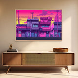 Neighborhood Wall Art - Framed Canvas Print - Original painting - Pop Art Style - Colorful painting - Synthwave Style - Pink colors