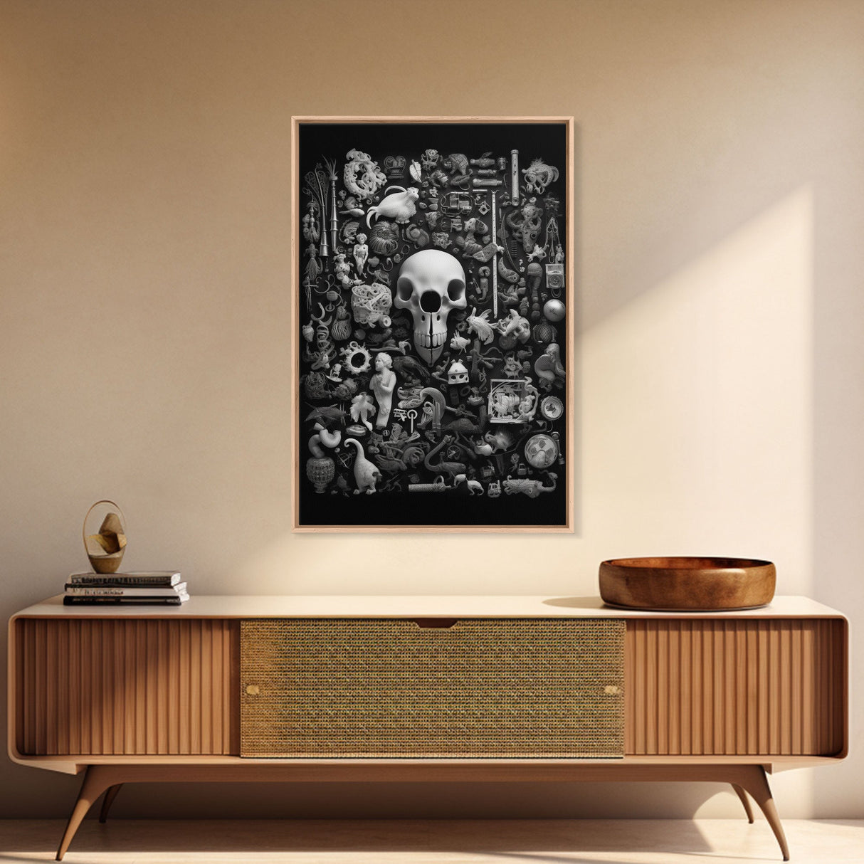 Collection of Trinkets Wall Art, Weird Wall Art, Black And White, Minimalist Print, Wall Decor, Canvas Print, Wall Art, Framed Canvas