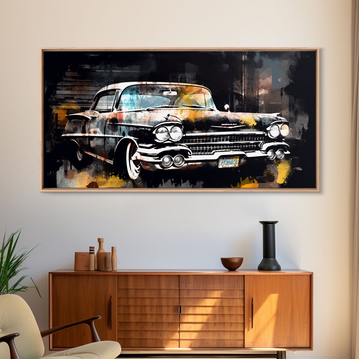 Vintage Car Wall Decor, Retro Car Wall Art, Garage Wall Art, Grunge Art, Panoramic Wall Decor, Canvas Print, Wall Art, Framed Canvas Art