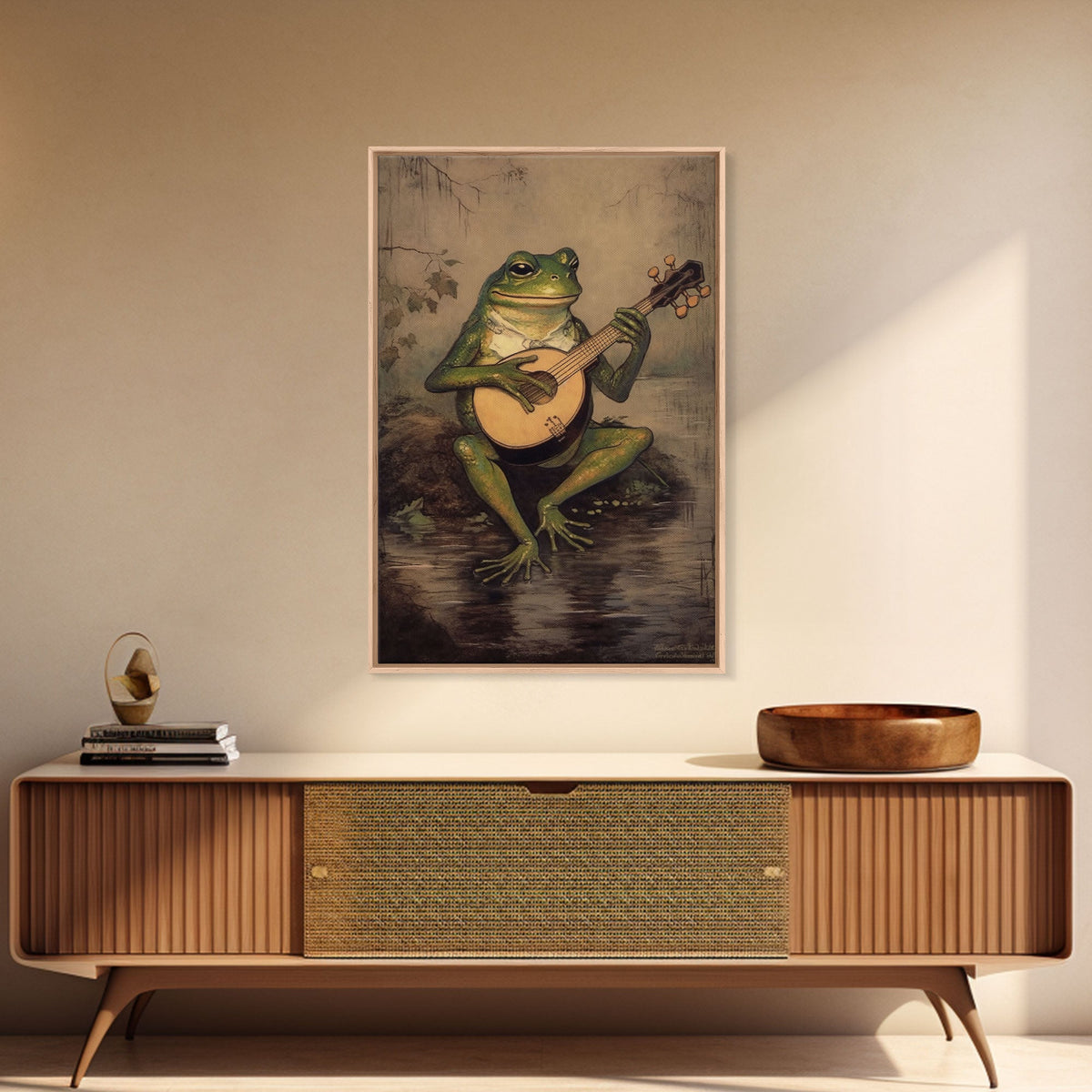 The Banjo Toad, Frog Playing A Banjo In The Moonlight, Vintage Canvas Print or Poster, Funny Frog Art, Retro Art, Vintage Print