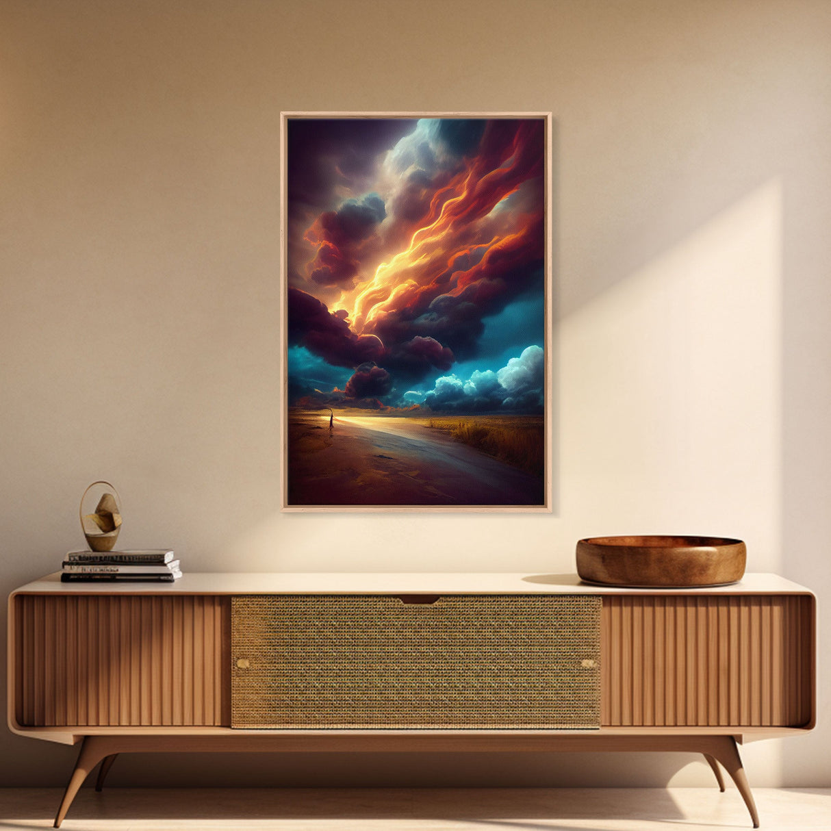 Watercolor painting canvas print of a thunder storm, gloomy wall art, golden hour, cool rain storm wall art