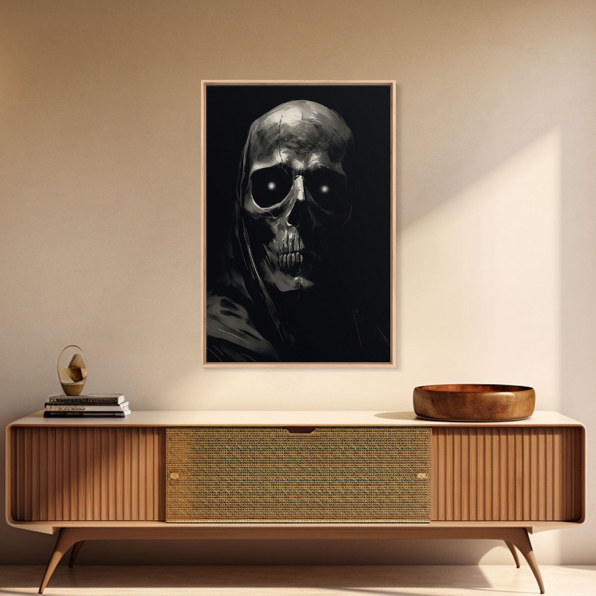 Human Skull Decor, Charcoal Drawing, Gothic Decor, Canvas Print, Wall Art, Vertical Art, Gift For Coworker, Home Office Art, Weird Art Print