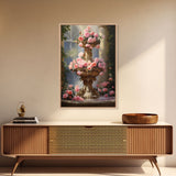 Fountain Wall Print, Pink Roses Wall Art, Flower Art Print, Canvas Print, Wall Art, Vertical Print, Botanical Art, Country Home Decor