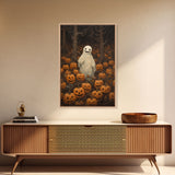 Fall Omens - Spooky Ghost In A Pumpkin Patch, Halloween Decor, Fall Art, Framed Canvas Print, Spooky Halloween Decor