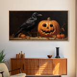 Spooky Crow Print, The Raven and The Jack O Lantern, Halloween Wall Art, Victorian Oil Painting