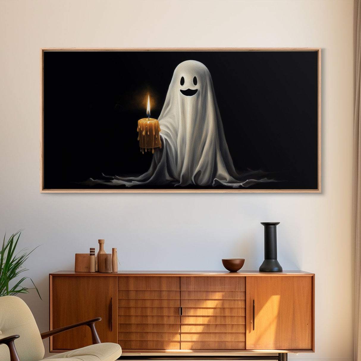Silly Ghost Holding A Candle, Framed Canvas Print, Dark Academia Wall Art, Victorian Oil Painting Style Halloween Wall Art, Ghost Print