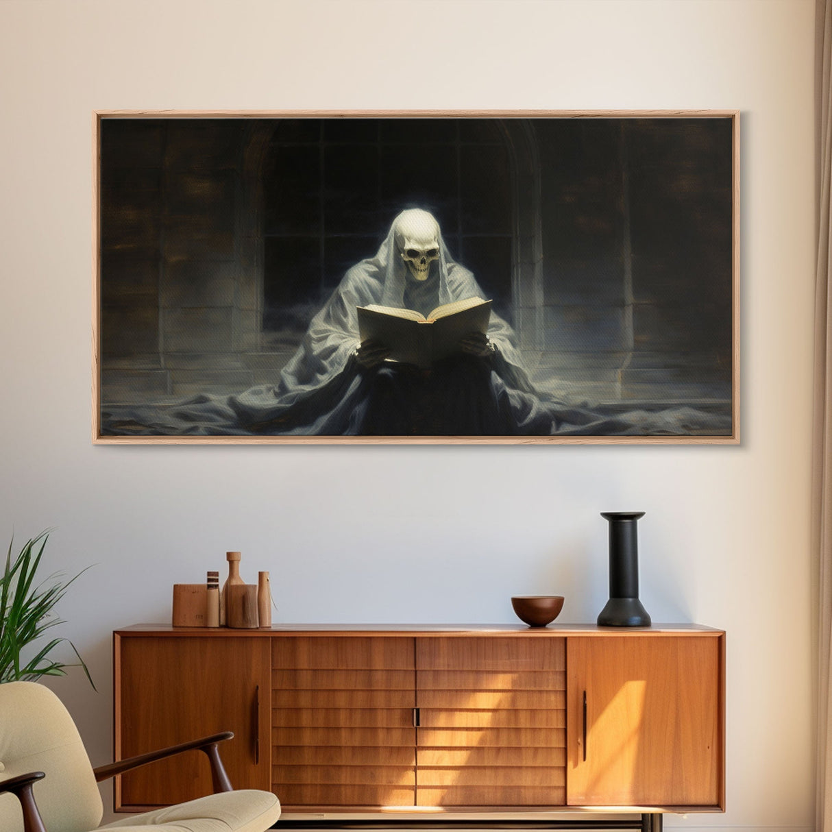 Grim Reaper Reading A Book In A Haunted Library, Framed Canvas Print, Victorian Oil Painting Style, Spooky Halloween Decor, Goth Art