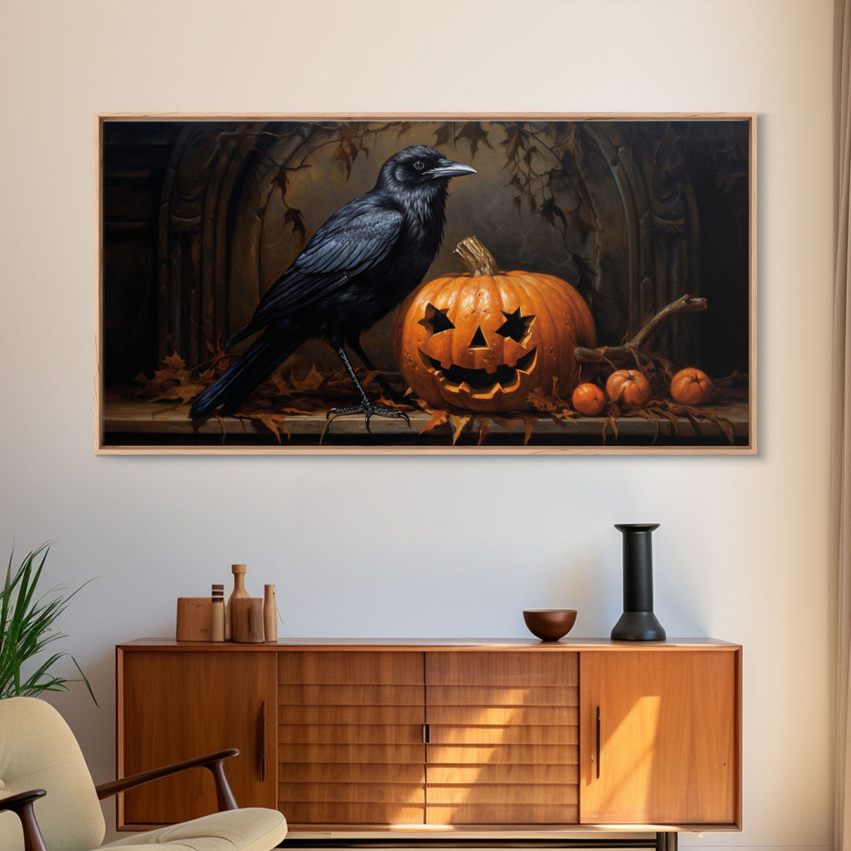 Spooky Crow Print, The Raven and The Jack O Lantern, Halloween Wall Art, Victorian Oil Painting, Dark Academia, Goth Art