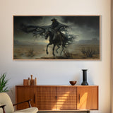 Ghost Cowboy Art, Framed Canvas Print, Halloween art, spooky decor, cowboy art, western decor, grim reaper on a horse in the desert
