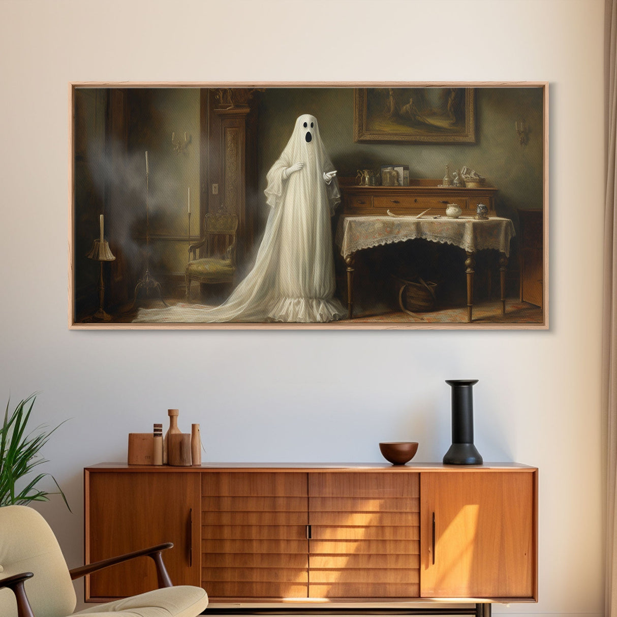 Sheet Ghost Wall Art, Framed Canvas Print, halloween decor, Halloween wall art,  ghost print, dark academia, victorian oil painting