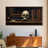 Victorian Gothic Library Art, The Skull On The Shelf, Framed Canvas Print, Halloween Decor, Halloween Art Print