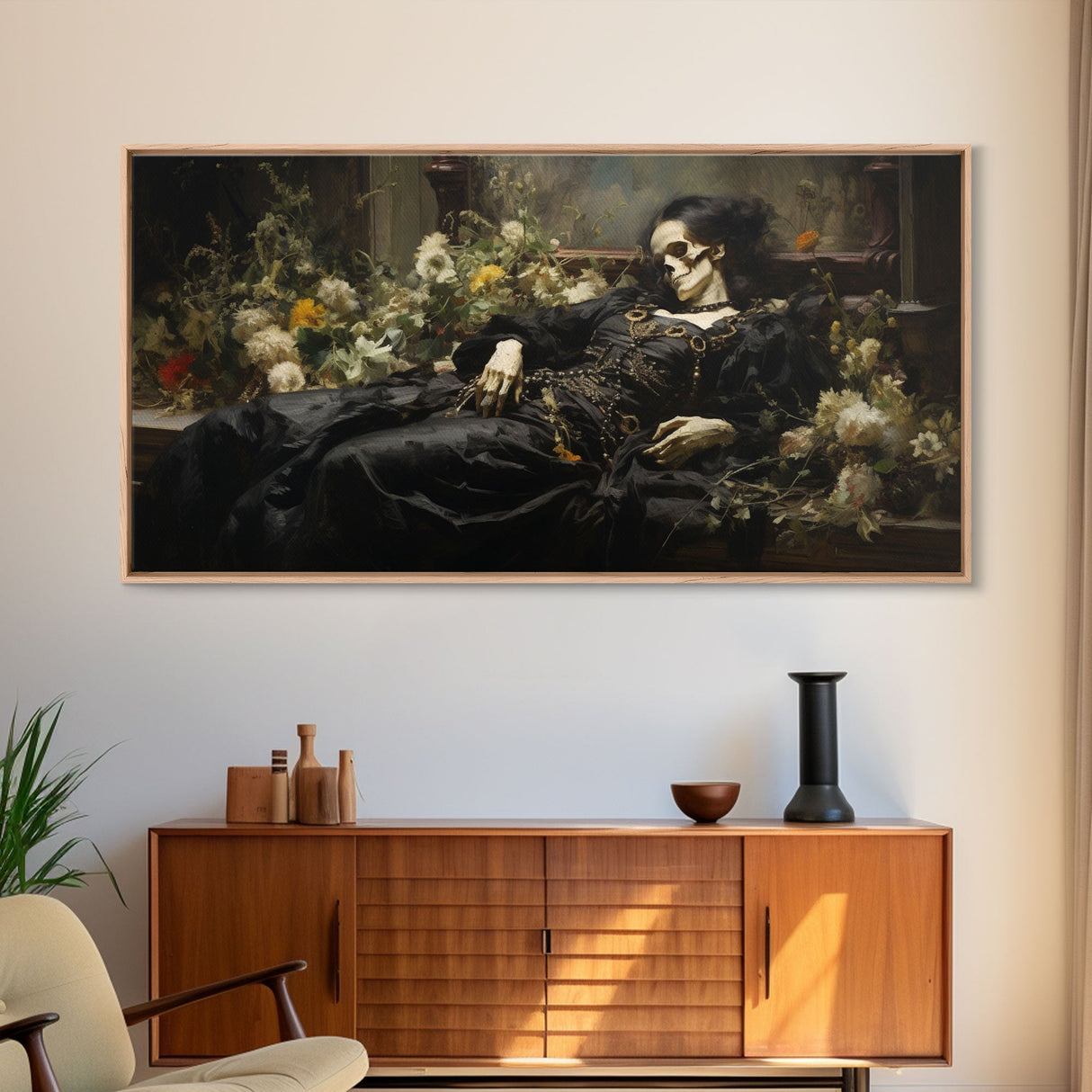 I'll Just Take A Quick Nap, Framed Canvas Print, Creepy Victorian Oil Painting, Halloween Art Prints, Skeleton Painting