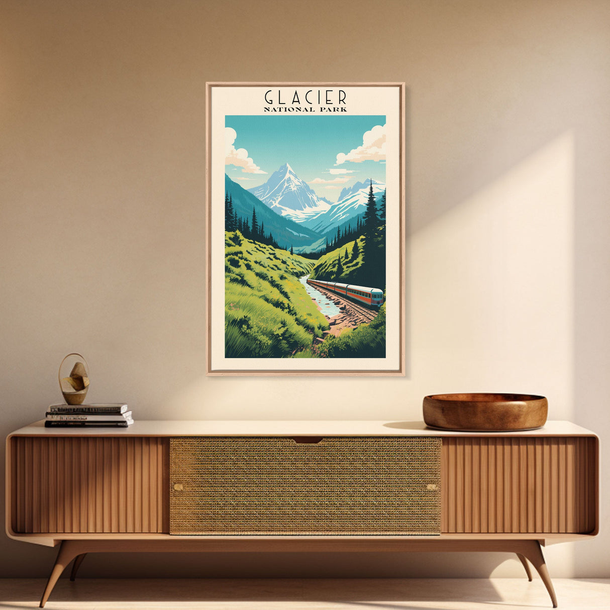 Glacier National Park Montana Travel Art, National Park Print, Minimalist Travel Art, Midcentury Modern Style Landscape Painting