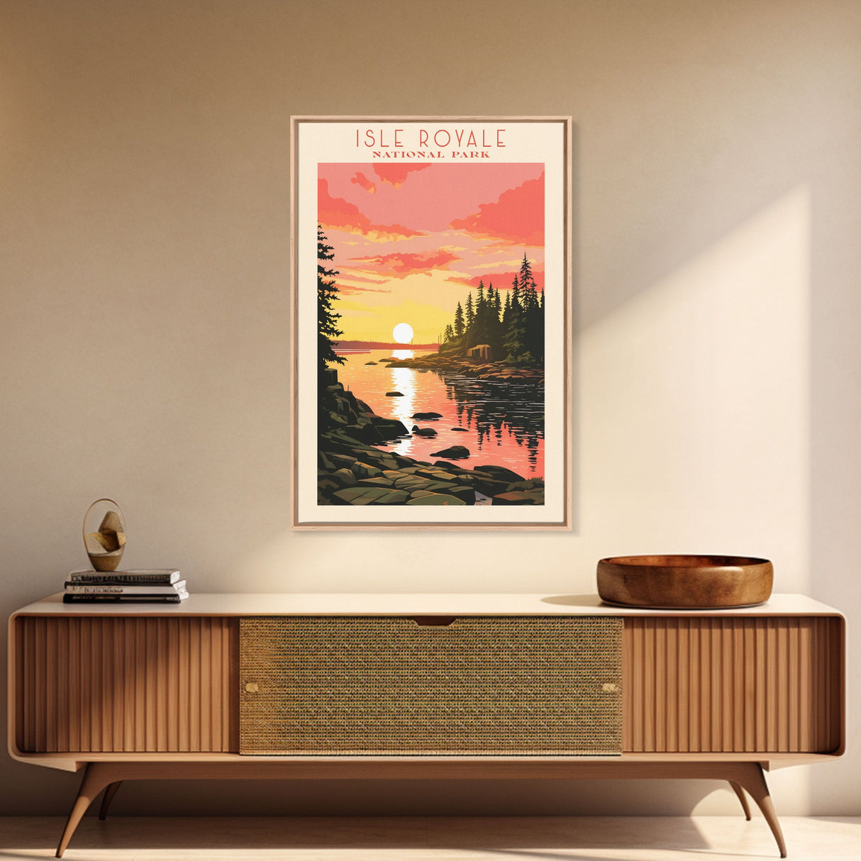Isle Royale National Park Michigan Travel Art, National Park Print, Minimalist Travel Art, Midcentury Modern Style Landscape Painting
