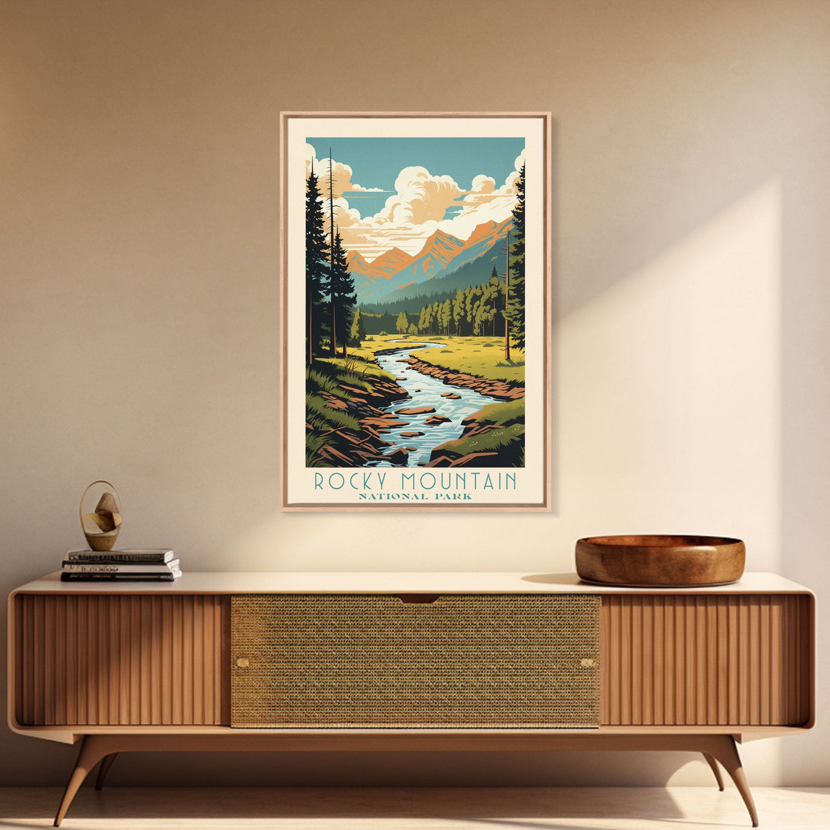 Rocky Mountains National Park Colorado Travel Art, National Park Print, Minimalist Travel Art, Midcentury Modern Style Landscape Painting