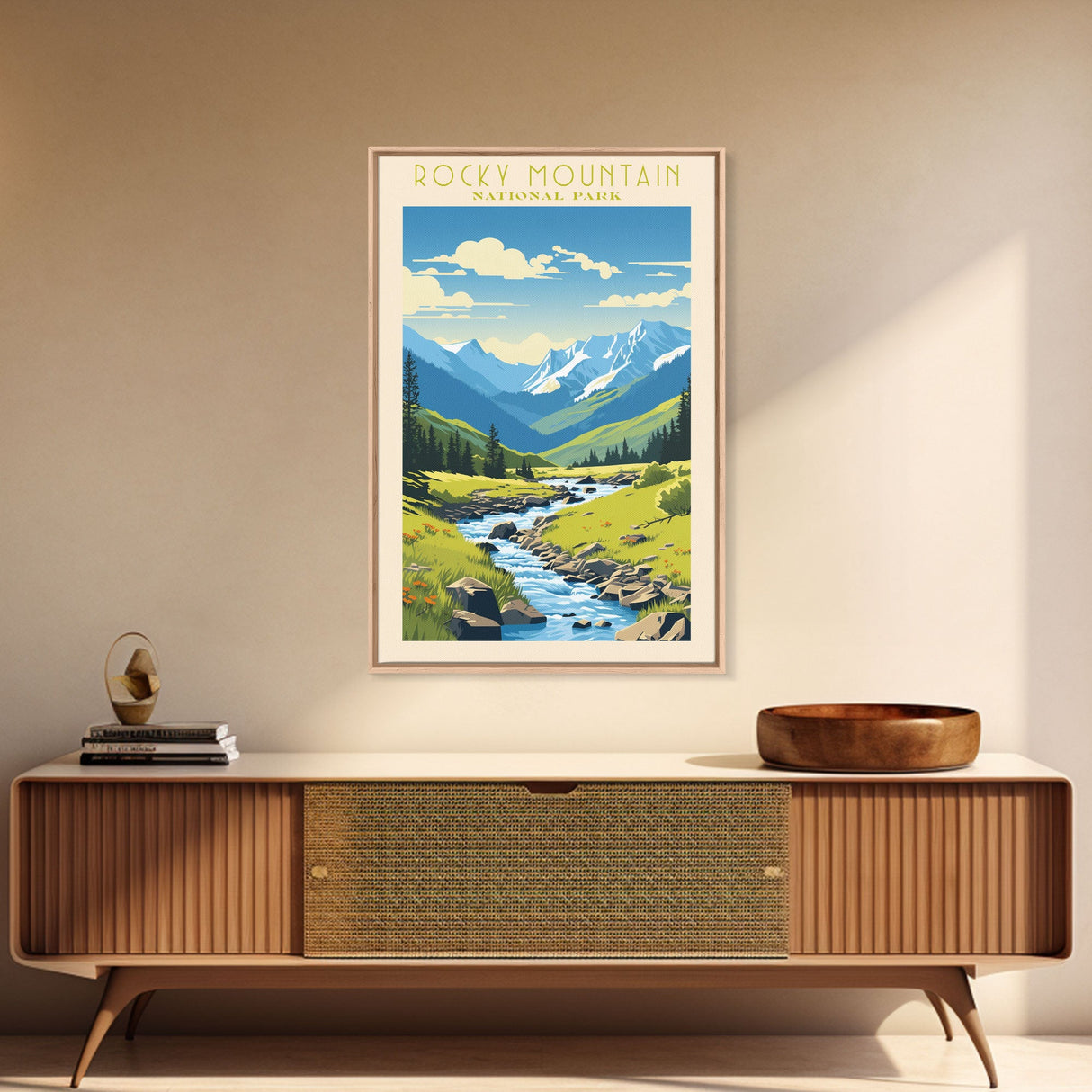 Rocky Mountains National Park Colorado Travel Art, National Park Print, Minimalist Travel Art, Midcentury Modern Style Landscape Painting