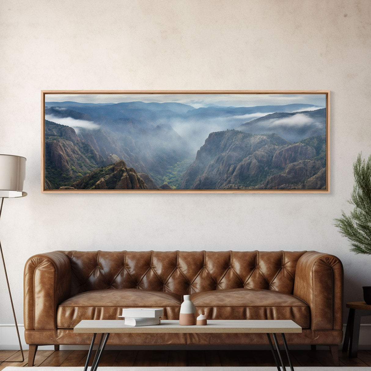 Ultrawide Panoramic Watercolor Landscape Painting Of A Desert Canyon, Framed Canvas Print, Subdued Boho Minimalist Wall Art, Guest Room Art