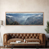Ultrawide Panoramic Watercolor Landscape Painting Of A Desert Canyon, Framed Canvas Print, Subdued Boho Minimalist Wall Art, Guest Room Art