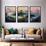 Dramatic Watercolor Sunset Landscape Abstract, Landscape Art, 3 Piece Canvas Decor, 3 Piece Wall Art, Ready To Hang Canvas Prints